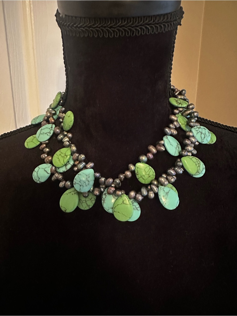 Boho Faux Turquoise & Iridescent Dark Pearl Multi-Strand Toggle Necklace